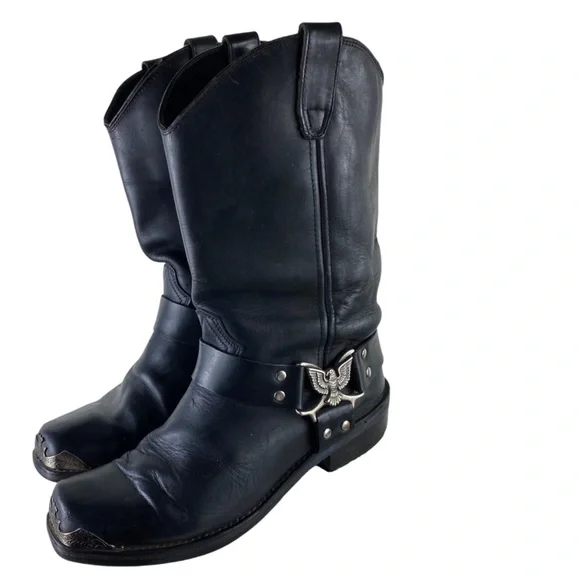 Dingo 10.5 Extra Wide Boots Moto Biker Black Leather Square Toe Eagle Harness - Picture 1 of 11